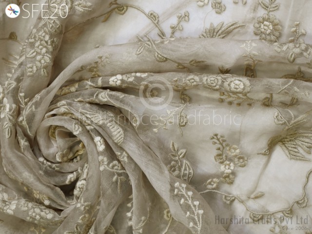 Bridal Saree Embroidery Pure Silk Organza Fabric by the yard Indian Sheer Floral Wedding Dress Delicate Designer Dress Material Fabric